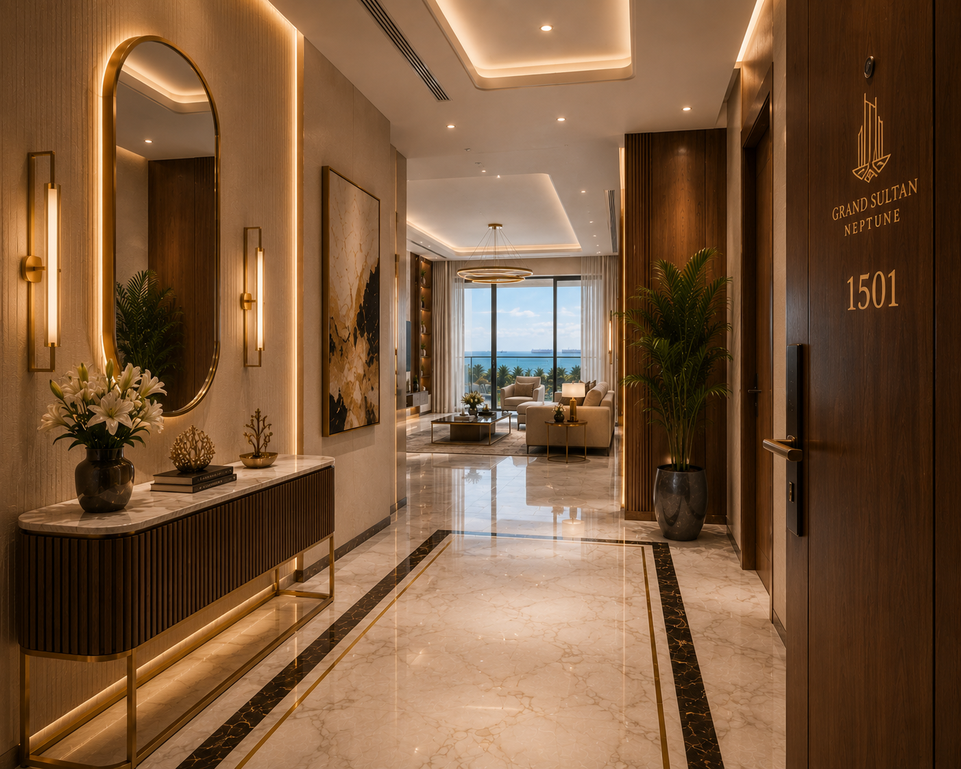 Artistic impression of the Grand Sultan Neptune living room